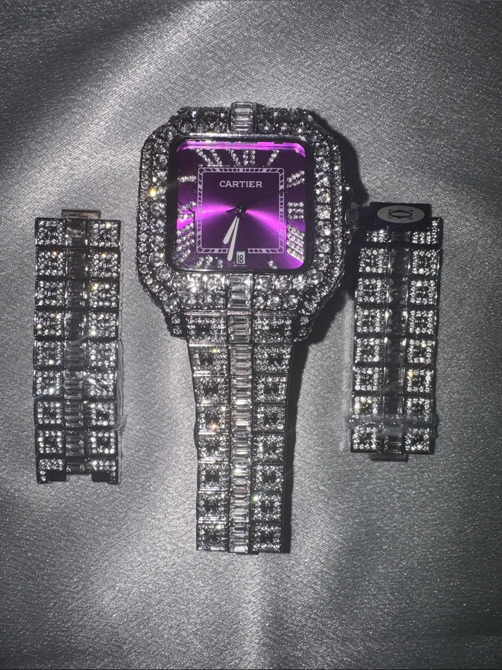 New! Iced-Out bustdown watch featuring a vibrant purple dial and Moissinite vvs1